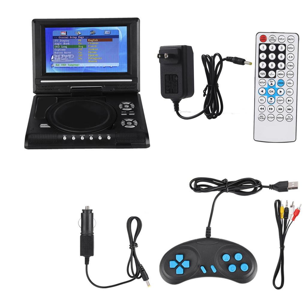 7‑inch Portable DVD Player Swivel Screen Rechargeable TV Car Charger Gamepad 100‑240V