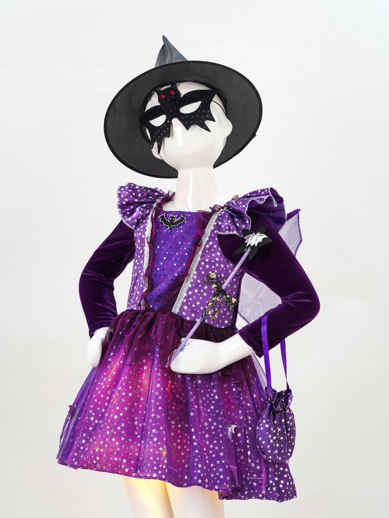 4Pcs Kids Girls Halloween Witch Costume Carnival Cosplay Fancy Dress Outfit Long Sleeve Sparkling Dress With Pointed Hat Wand Candy Bag Set