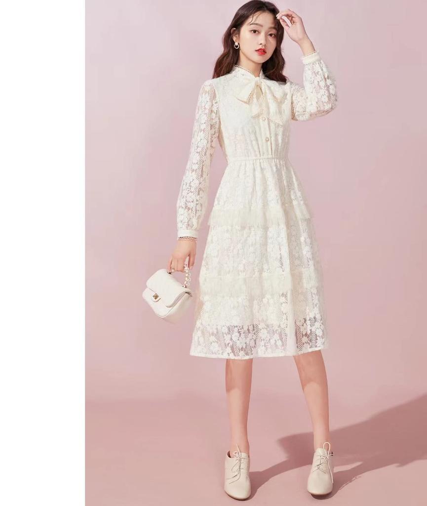 TRENDOUX Long Ribbon Maxi Wedding Lace Fashionable Women's Dress, Tunic, Length, Dress, Dress, Spring, Summer, Fall,