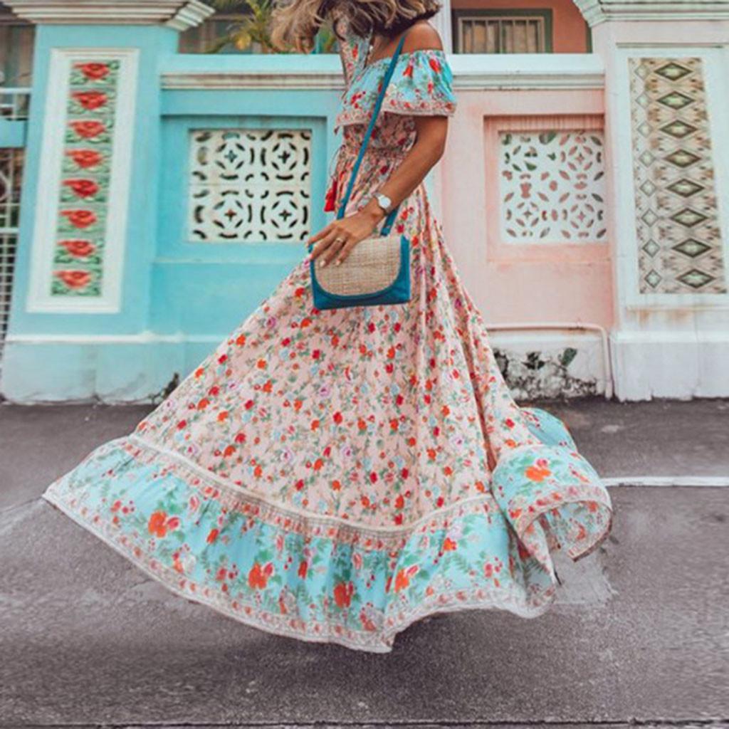 Women's Summer Bohemian Printed Waist V-Collar Chiffon Beach Long Dresses