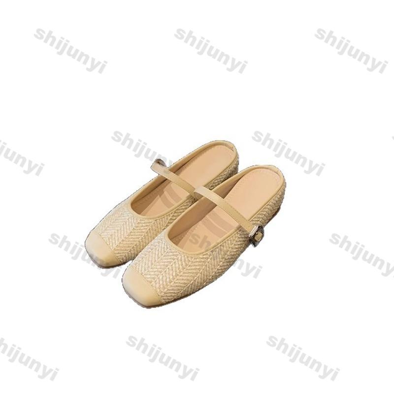 Fashion Summer Vacation Retro Shoes Women Square Head Lightweight Comfortable Slip On Lazy Slipper Breathable Mesh Hollow Casual Flats