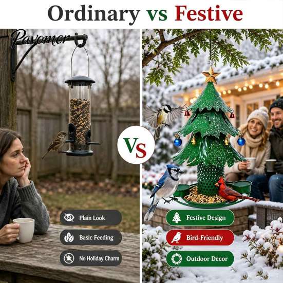 All Weather Rust Proof Bird Feeder Christmas Tree for Outdoor, Metal Hanging Wild with 2 Water Cups, Green Xmas Seeds Tray Garden Patio Outside Decor