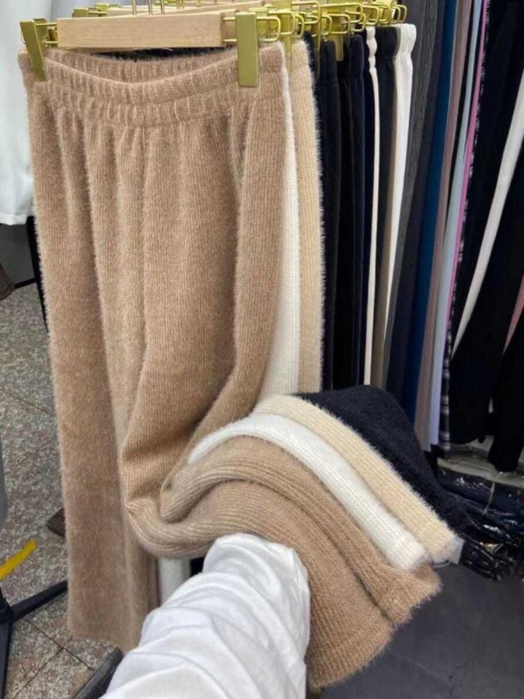 Nové zimní tlusté vintage elastické kalhoty v pase rovné dámské All Match norkový samet Tenké široké nohavice volné kalhoty ženy ležérní oblečení