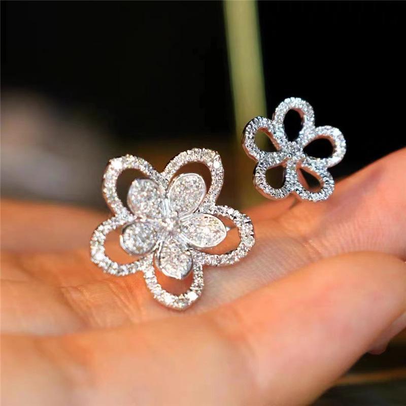 Women s Double Flower Adjustable Petal Ring with High Carbon Diamond Adjustable Open