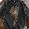 Vintage Washed Abstract Leopard Face Print T-Shirt Men Women Wild Cat Graphic Tee Casual Oversized Streetwear Top