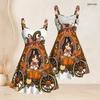 Women Plus Size Sleeveless Strappy Square Neck Halloween Western Pumpkin Printed White Flare Dress