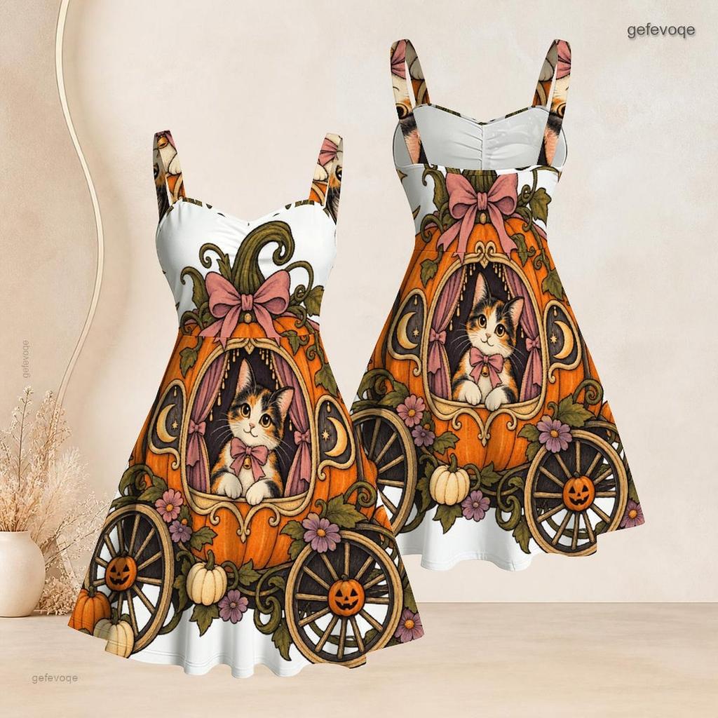Women Plus Size Sleeveless Strappy Square Neck Halloween Western Pumpkin Printed White Flare Dress