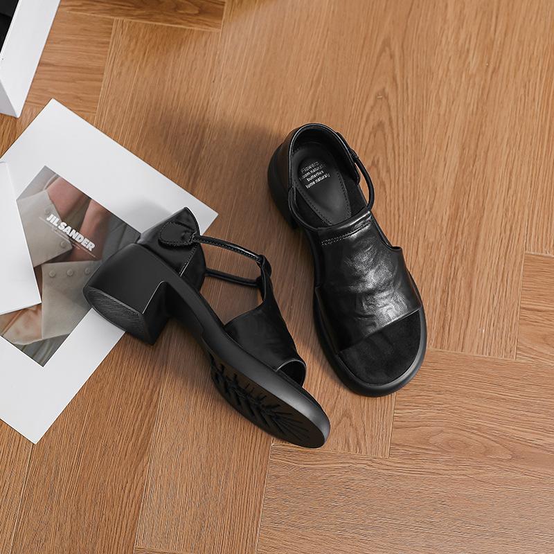 

Soft Leather Edition~ French Retro Platform Heel Soft Leather Sandals Women s Summer Simple Velcro Commuter Open-toed Roman Shoes 35
