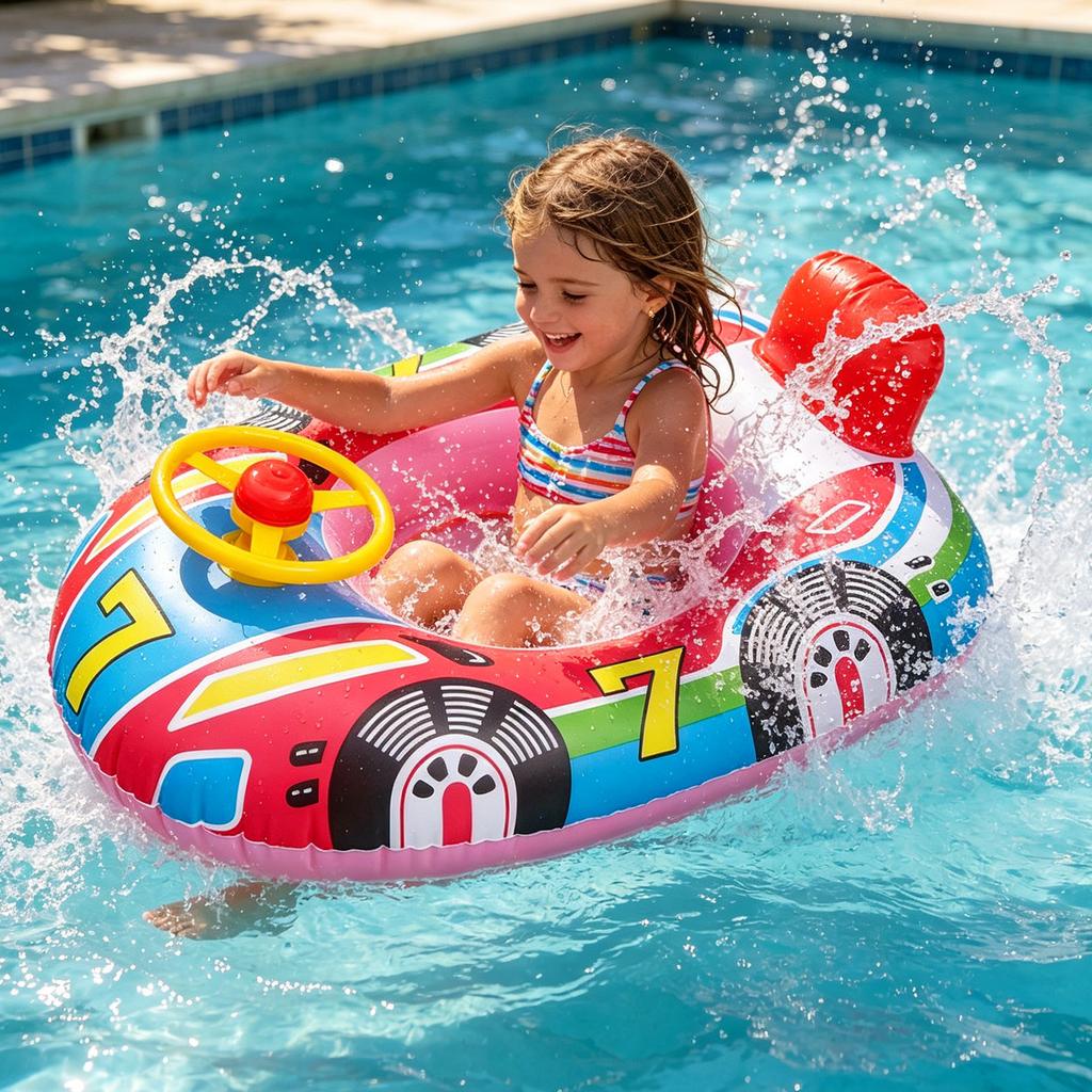 Inflatable Kids Spaceship & Rocket Swimming Ring With Steering Wheel, Water Pool Float Seat