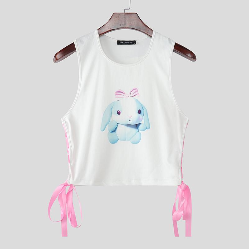 

Женские Мужские Безрукавные Милые Принты Повседневные Топы-Майки Кроп с Боковой Шнуровкой 2XL белый