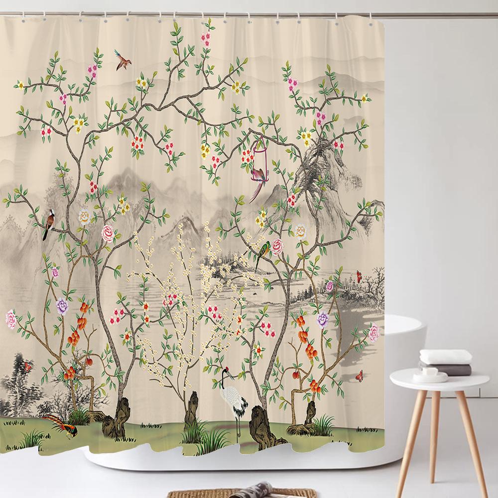 Chinese Flower Bird Shower Curtains Set Printing Waterproof Polyester Leaves Shower Curtains Bathroom Home Decor Mat 180X200Cm