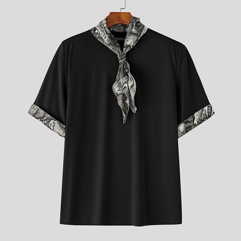 INCERUN Mens Tie Up Short Sleeve Leopard Stitching Casual T-shirts Tops