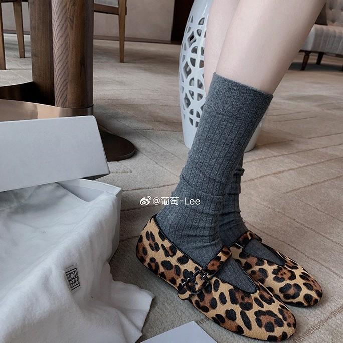 Sheepskin Version of Grape Mother, the Same Age-reducing Round Head with Flat Mary Jane Shoes, Women's Leopard Print Horse Hair Shallow