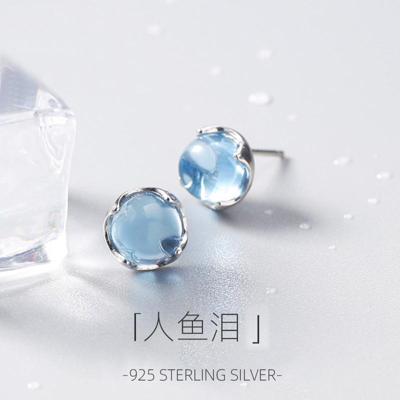 Ventfille 100% 925 Sterling Silver Stud Earring for Women Girl Gift Mermaid Tears Japanese Korean Blue Foam Crystal Wholesae