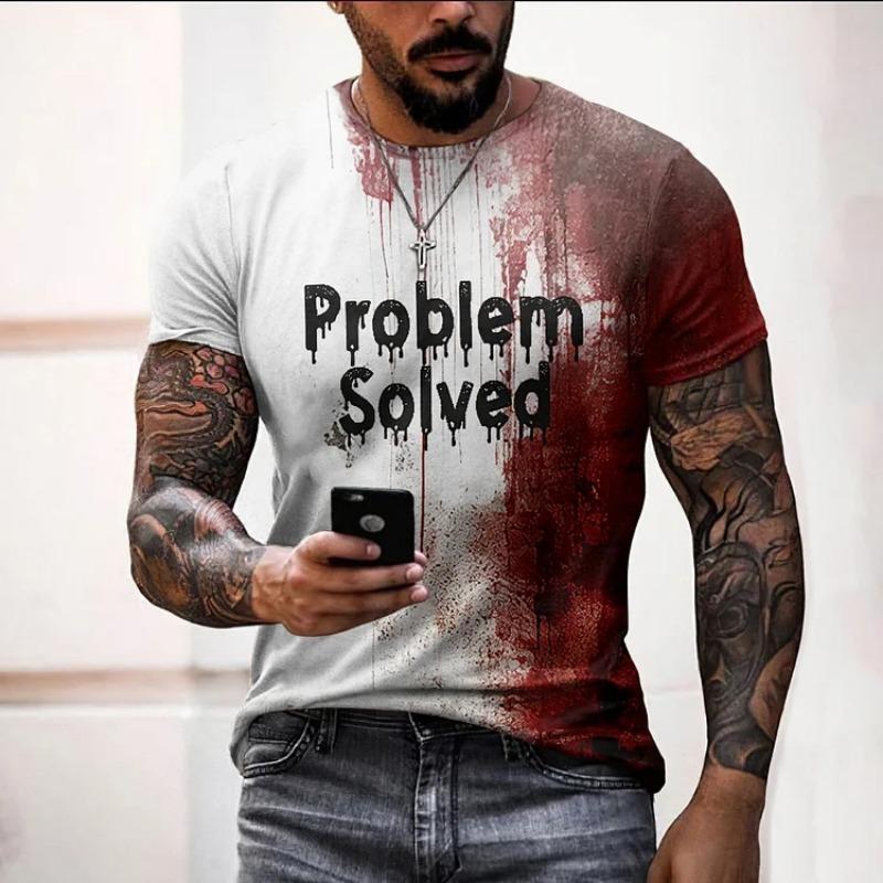 Halloween Problem Solved Bloody Graphic Men's T-Shirt For Men Clothing Short Sleeve Crew Neck Men Tops Horrible Tee Shirt Top