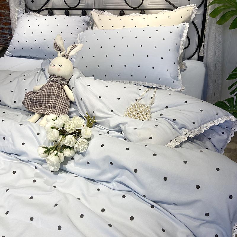 

Ins Polka Dots Bedding Set Simple Print Duvet Cover Set With Pillowcases Flat Fitted Sheet Washed Cotton Skin Friendly For Adult 1.2m 3pcs flat синий