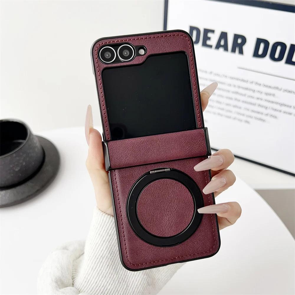 Magnetic Rotating Bracket Phone Case for Samsung Galaxy Z Flip 6 5 4 Flip6 Flip5 Flip4 Flip3 5G Leather Hinge Protective Cover