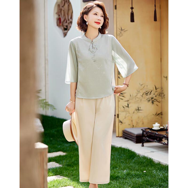 Pa Si Te Mother's Summer Chinese Style Embroidered 3/4 Sleeve Top & Casual Pants Set