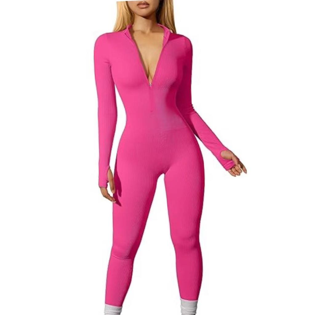Women Long Sleeve Workout Jumpsuit Zip Up Romper Bottom Pants Bodysuit Bodycon Sexy Yoga Workout Ribbed Casual One Piece