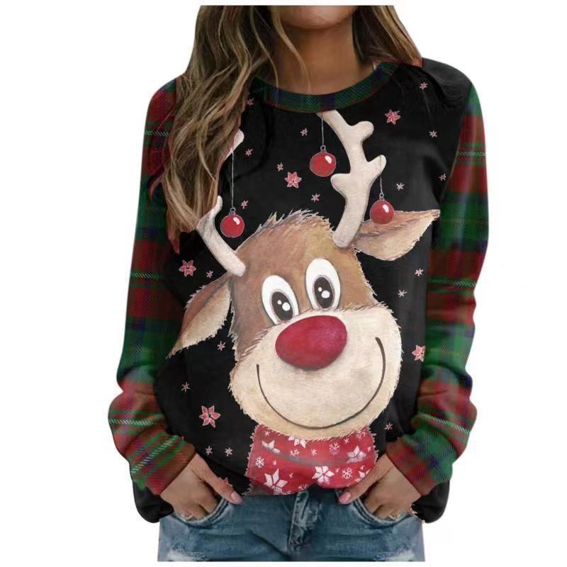 Cartoon Christmas Deer Pattern Women Fashion T-Shirts Long Sleeve 3D Printed