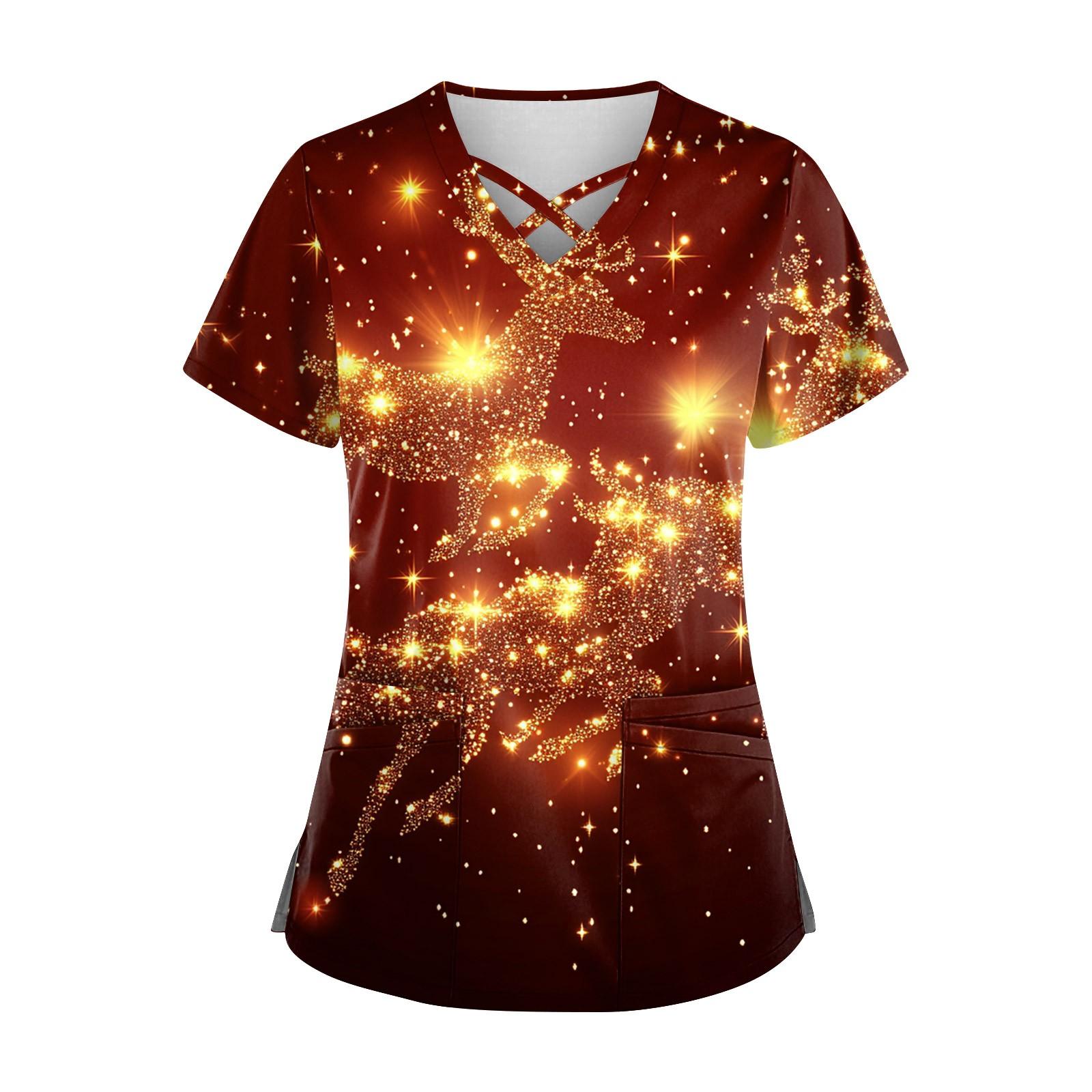 

Женский топ с короткими рукавами, V-образным вырезом, рождественским принтом и карманом Dry-nurse S