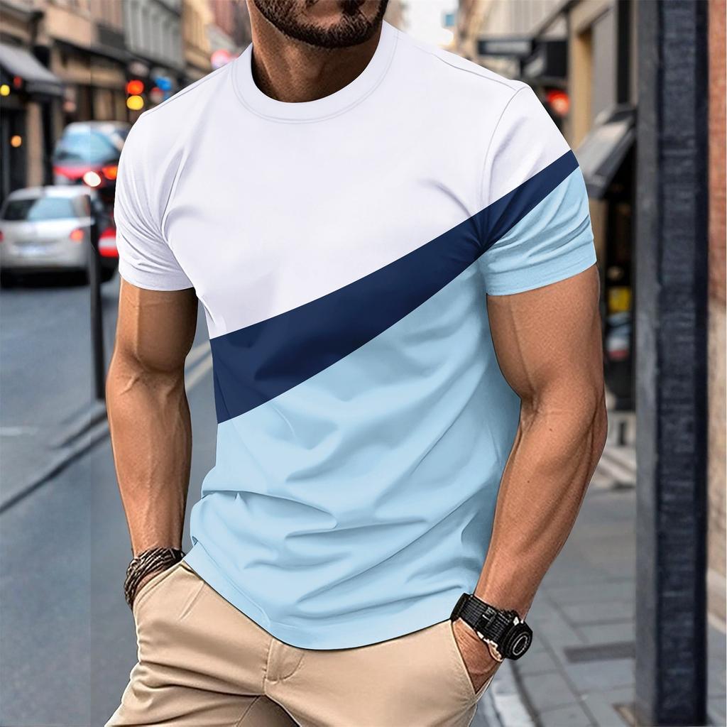 Men's Summer Casual Round Neck Short Sleeve Color Matching Pullover T-shirt Top