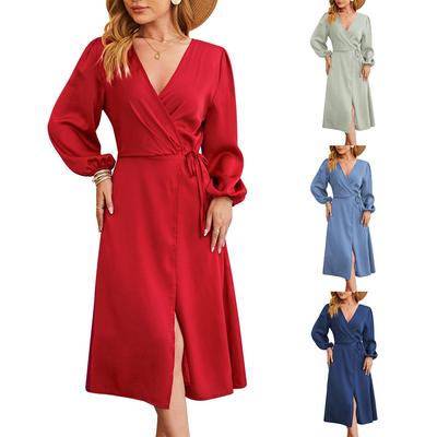 Women's V-Neck Waist Long Sleeve Hem Split Sexy Fashion Dresses