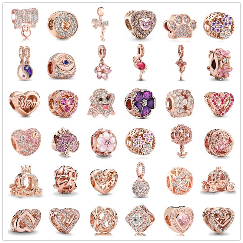 

Розовое золото 925 пробы серебро блестящее сердце Шарм браслет из бисера DIY ювелирные подарки для женщин