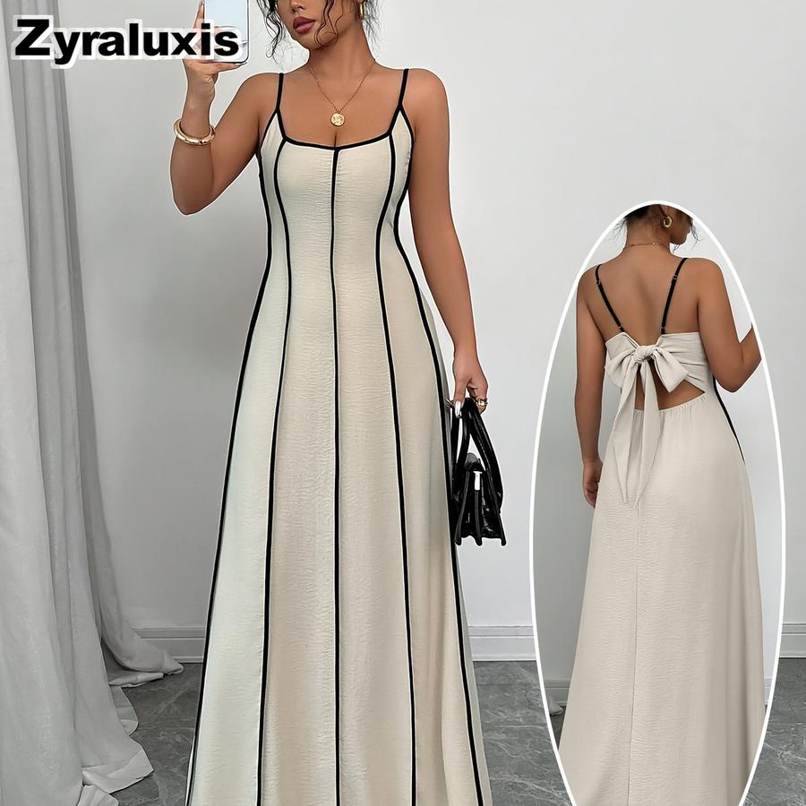 Women s Spaghetti Strap Open Back Color Block Halter Dress S хаки