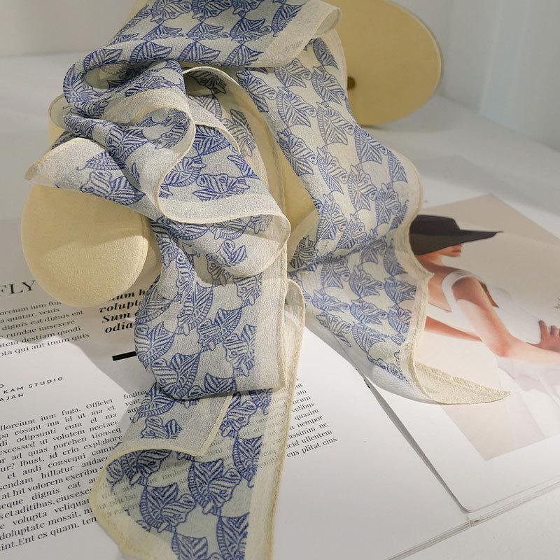 Blue silk silk scarf niche mulberry silk long ribbon women s versatile accessories neck scarf