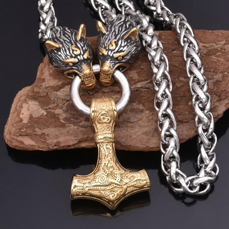European American Retro Rune Hammer Pendant Wolf Head Necklace Men's Punk Nordic Norwegian Viking Jewelry Wholesale
