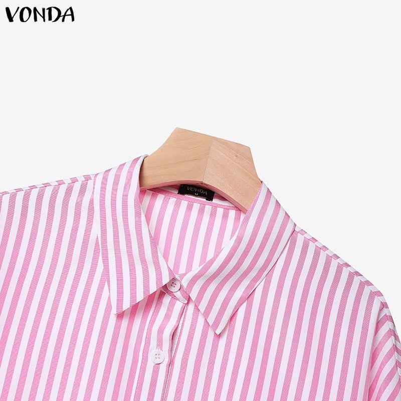 VONDA Womens Casual Striped Two Piece Outfits Long Sleeve Buttons Shirt and Drawstring Wide Leg Pants Loungewear Sets