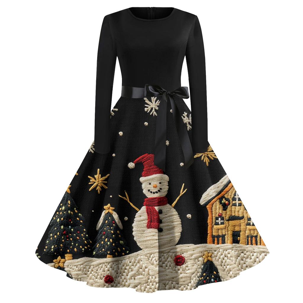 Vestidos de fiesta de noche con estampado navideño de cuello redondo y manga larga vintage a la moda para mujer