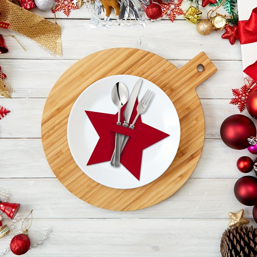 12pcs Christmas Star Five-Pointed Table Mats, Felt Fork and Spoon Bag Set, Christmas Table Decoration Tableware Bag, Christmas