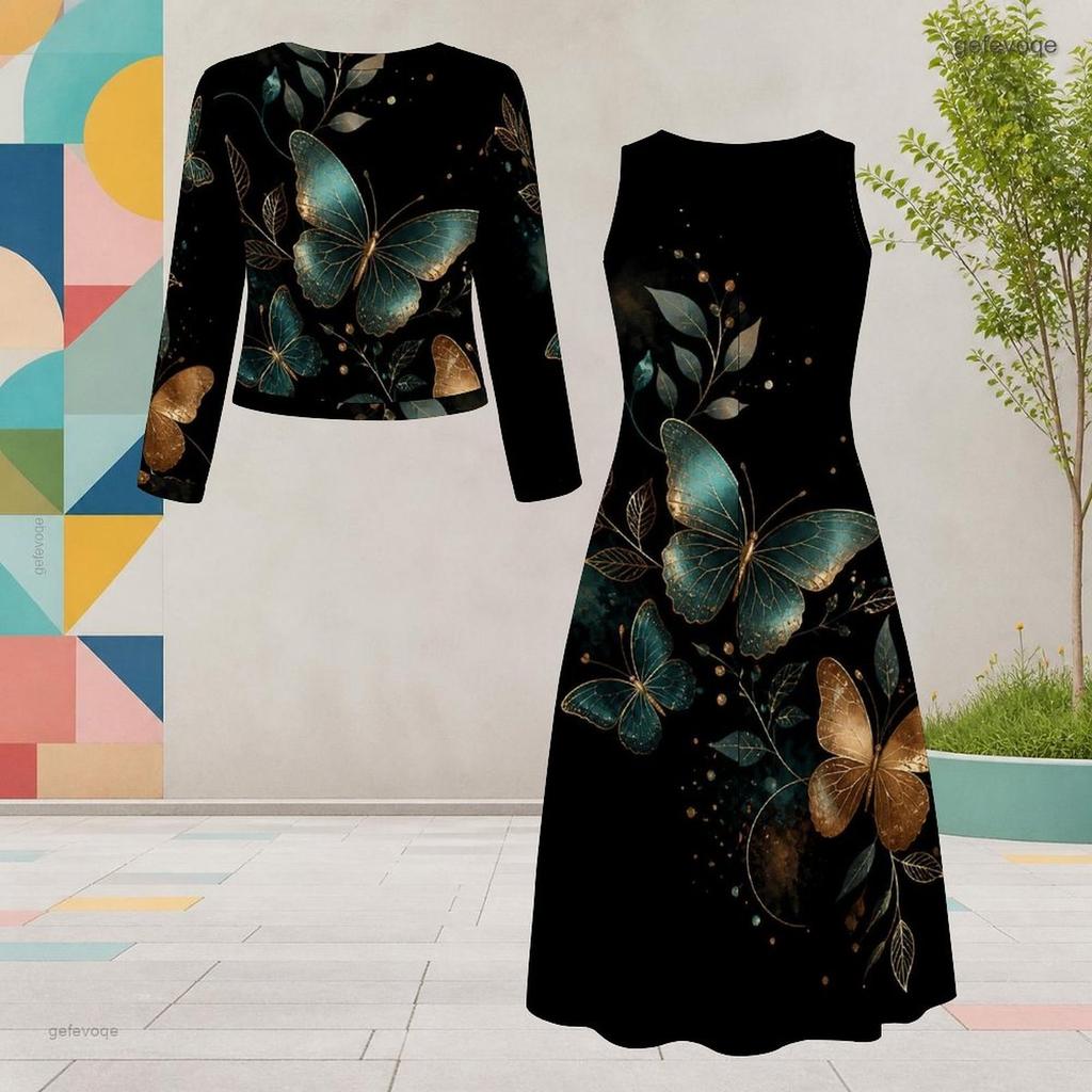 Set Due Pezzi Abito Midi Nero da Donna Taglie Forti Scollo Rotondo Manica Lunga Stampa Farfalle