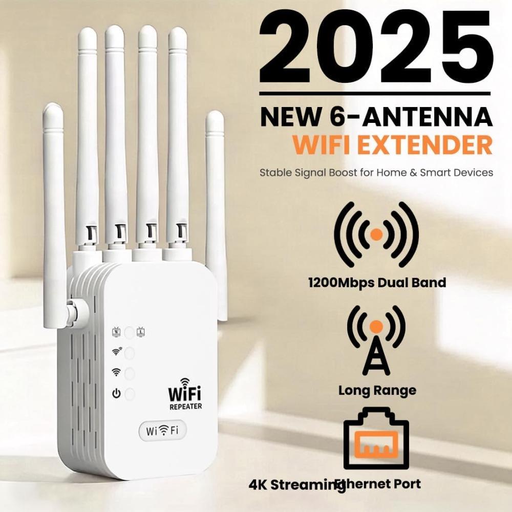 WiFi Extender 2025 6-Antenna Strong Signal, WiFi Repeater, 300/1200Mbps Dual Band (5GHz/2.4GHz) Booster