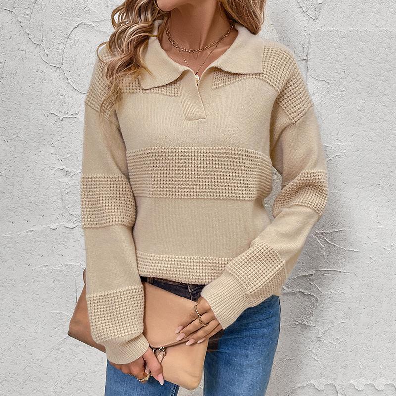 New Fashion Knitted Sweater Long Sleeve Lapel Solid Color Sweater for Women