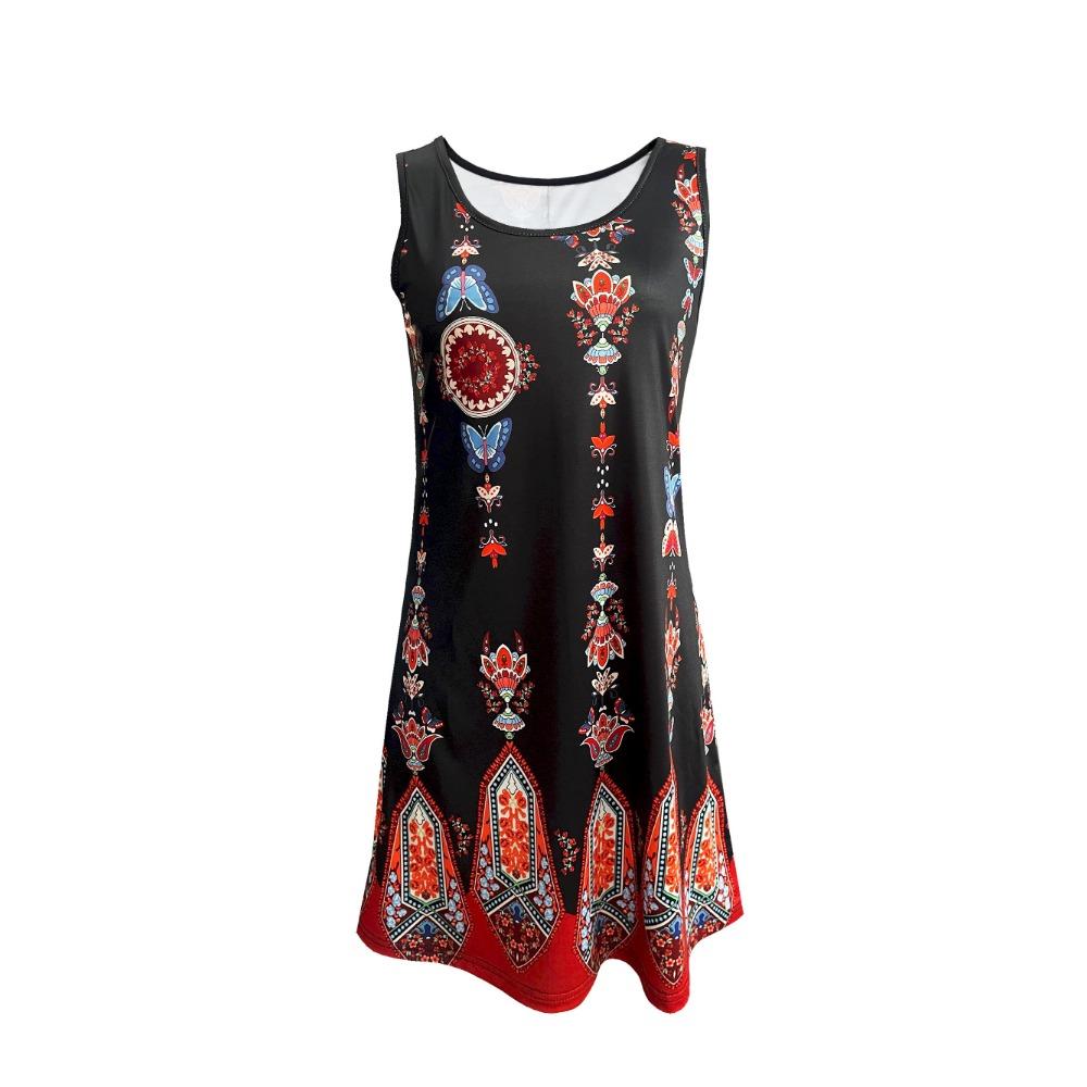 Womens Boho Dress Summer Round  Neck Sleeveless Dresses Ethnic Floral Print Sundress Mini Dress