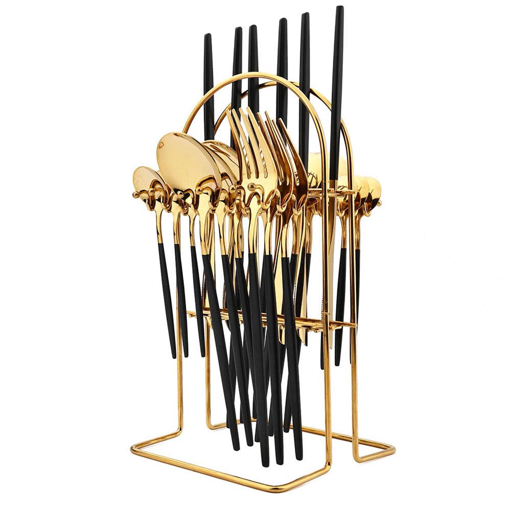 JANKNG 24Pcs Dinnerware Set Stainless Steel Cutlery Set Kitchen Tableware Knife Fork Spoon Flatware Black Gold Silverware for 6