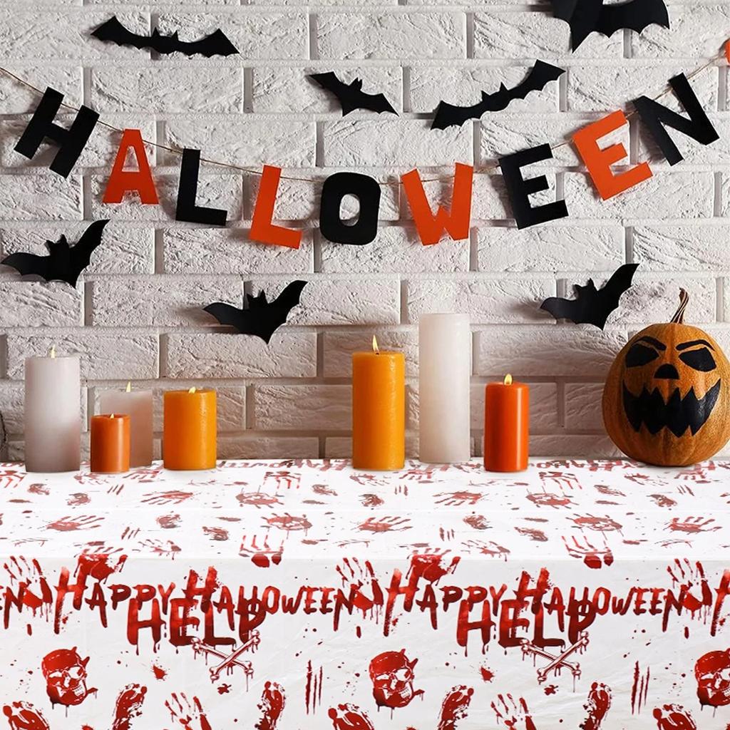 Halloween Tablecloth Orange Black Horror Ghost Table Cover Happy for Trick or Treat Theme Home Decoration
