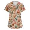 Women's V-Neck Scrub Top with Christmas Print Short Sleeve Pocket Side Slit Caregiver Uniform