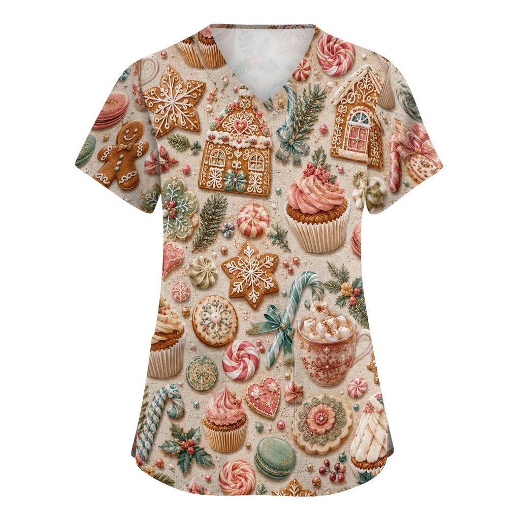 Women's V-Neck Scrub Top with Christmas Print Short Sleeve Pocket Side Slit Caregiver Uniform