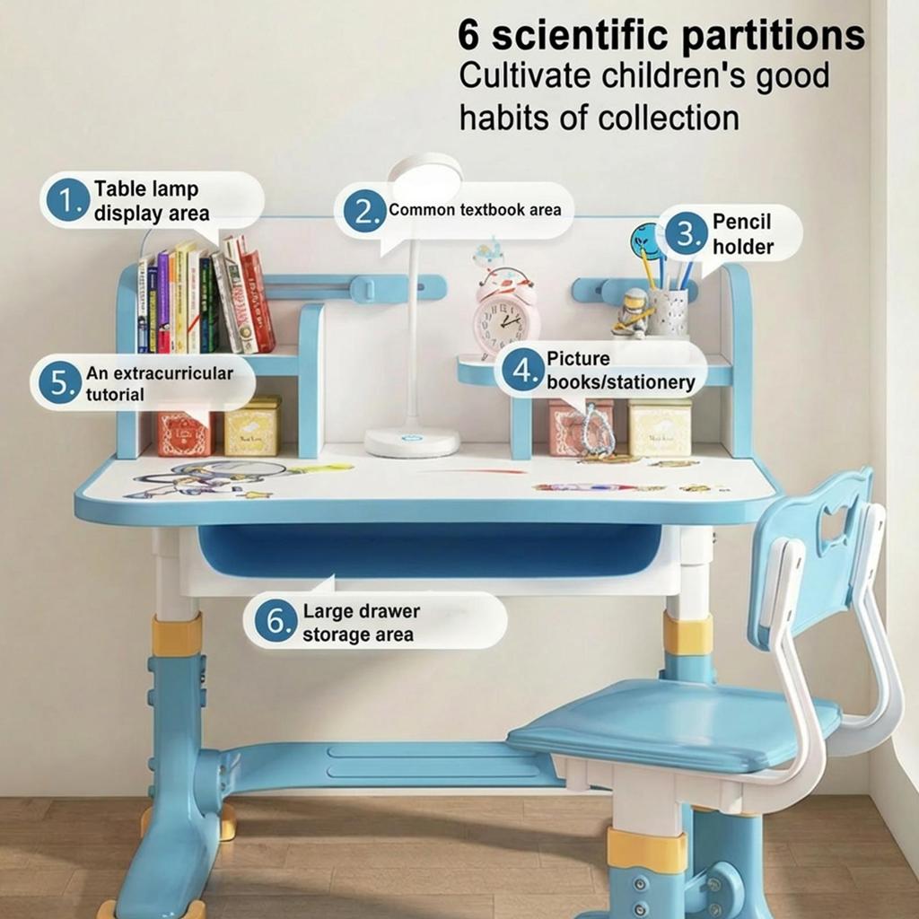 Kids Study Desk Chair Set Widened Desktop Multi Separation Cartoon Pattern Learning Adjustable Height Table with Drawer Furniture