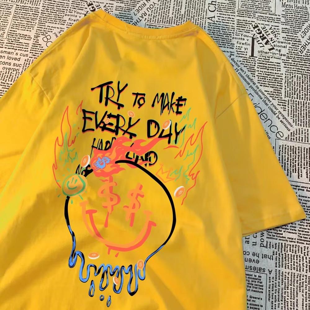 

Попробуйте сделать каждый день счастливым. Топы мужские хип-хоп свободные футболки винтажная дышащая повседневная одежда индивидуальная одежда с круглым вырезом для женщин XXXXXL жёлтый
