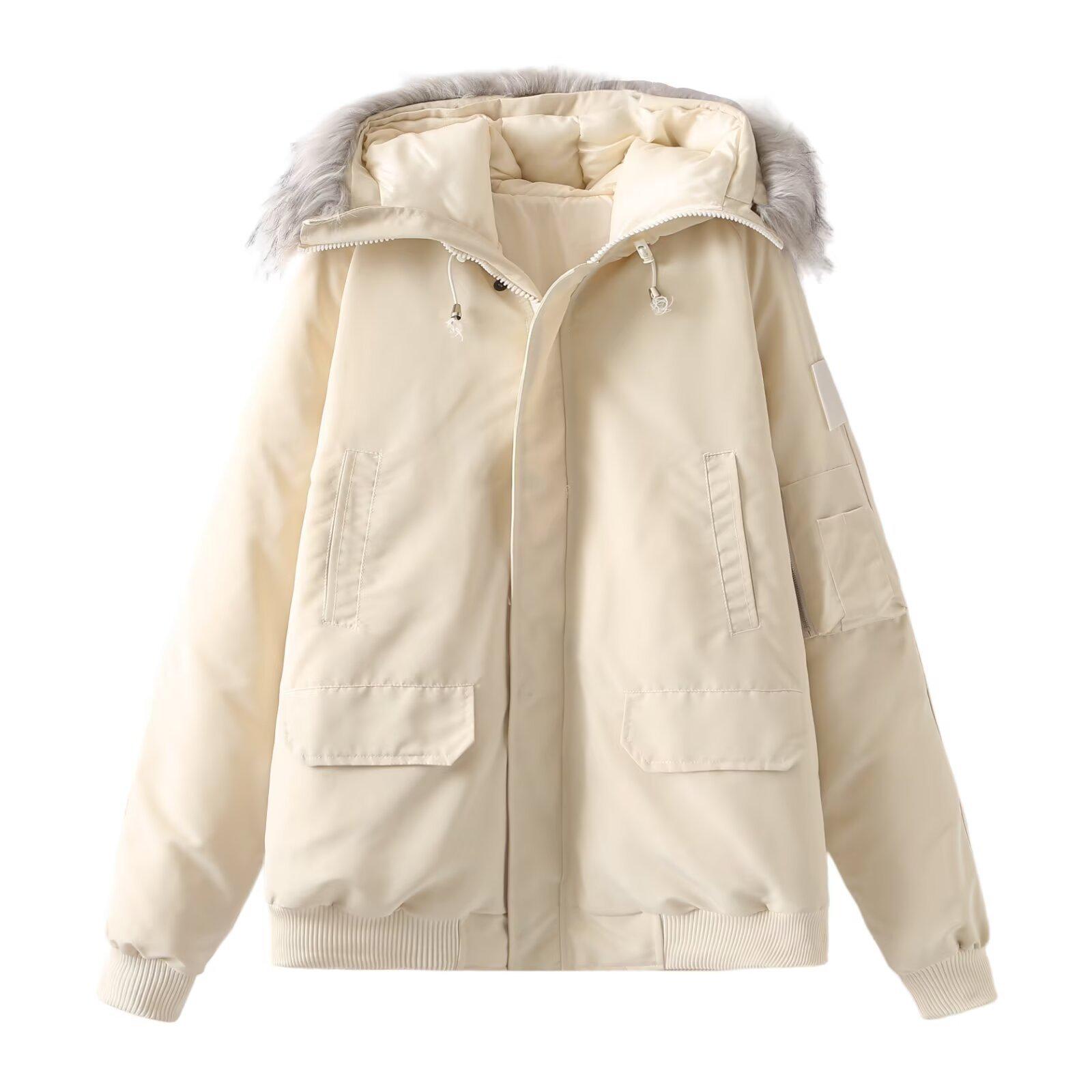 

2024 Зимняя женская европейская и американская ретро парка с капюшоном и меховым воротником Extra Small грязно-белый