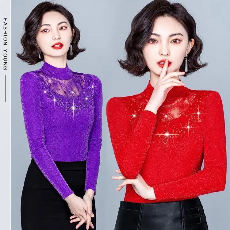 Autumn New Fashion Bottoming Shirt Women's Mesh Collar Slim Mom's Clothing Long Sleeve Top M-5XL