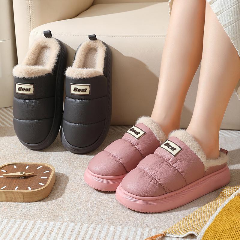PU leather cotton slippers warm in autumn and winter home EVA thick bottom, non-slip indoor and outdoor wear waterproof velvet cotton mop
