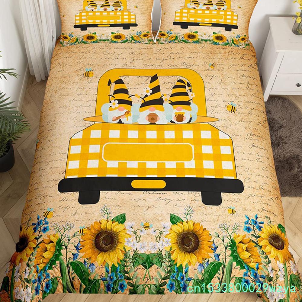 Purple Lavender Dwarf Duvet Cover King Queen Kawaii Cartoon Gnome Bedding Set Spring Flowers Comforter Cover Floral Quilt Cover