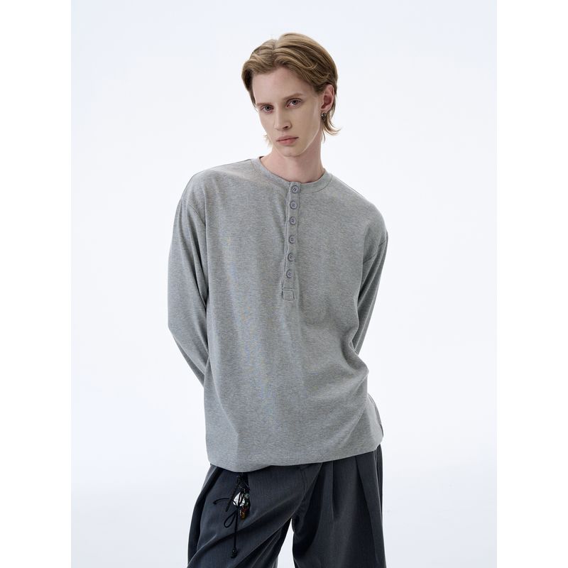 Kisko Simple American-Style Henry Collar Commuter Cleanfit Long-Sleeve T-Shirt for Men and Women, High-End Casual Base Layer Top