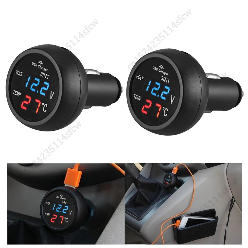 2/1PCS 3-in-1 12V/24V Car Volt Meter LCD Digital Display Car Voltmeter Thermometer Car USB Charger Current Meter Volt Detector